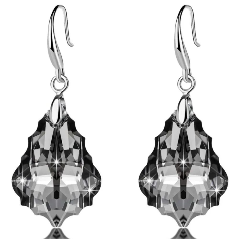 Silver with Charcoal Gray Austrian Crystal Baroque Dangling Drop Hook Earrings